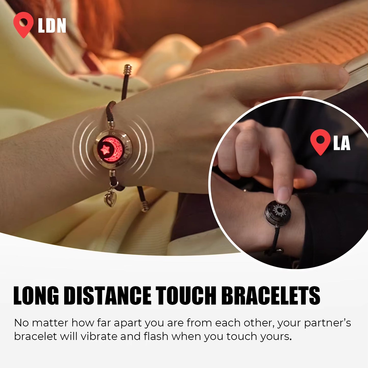 Totwoo Long Distance Touch Light Up&Vibrate Bracelets for Couples, Long Distance Relationship Gifts Smart Sun&Moon Love Bracelet